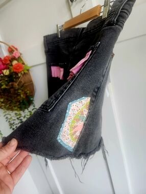 ✨ OOAK Reworked Quilt Patch Denim Shorts | Old Navy Sky-Hi 12 | Pink Ruffles